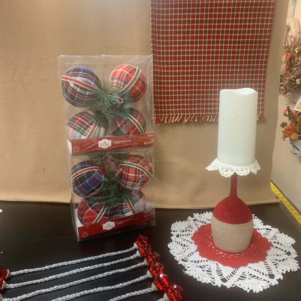 Holiday Time Plaid Ornaments - Red, Blue, and Green.  Inv 498